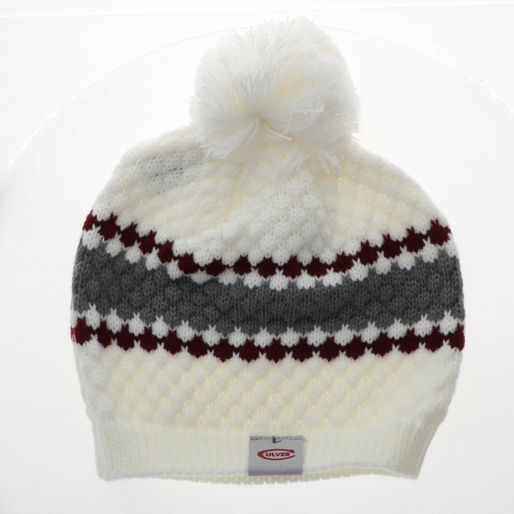 Ripple Beanie with Pom - Cream, Maroon & Grey