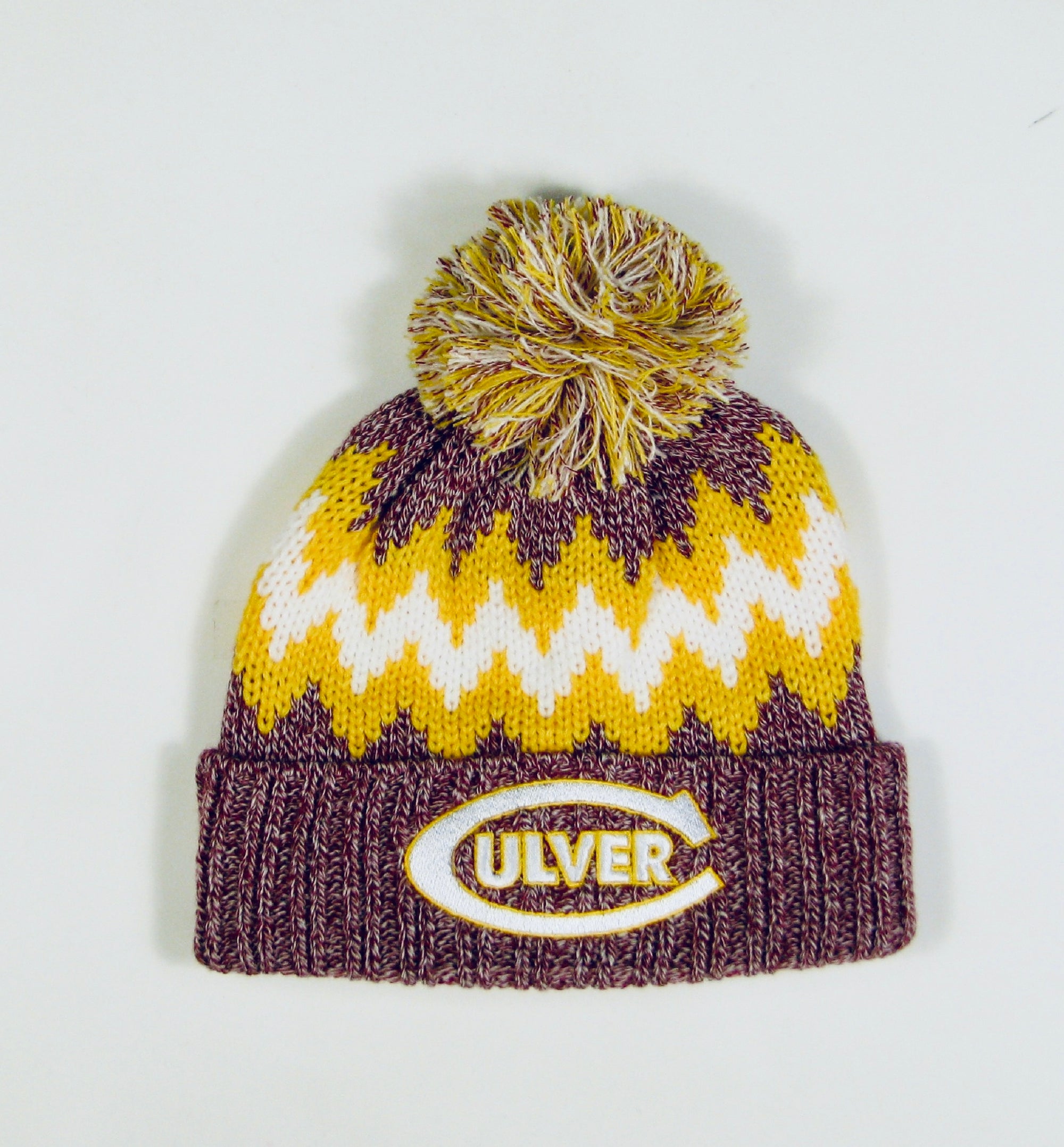 Zig Zag Cuff Beanie w/Pom Maroon/Gold/White