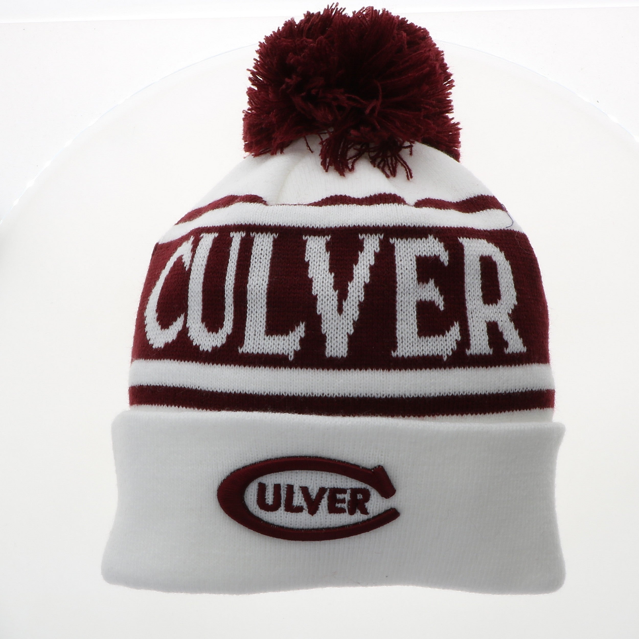 High &amp; Dry Beanie with Pom - White &amp; Maroon