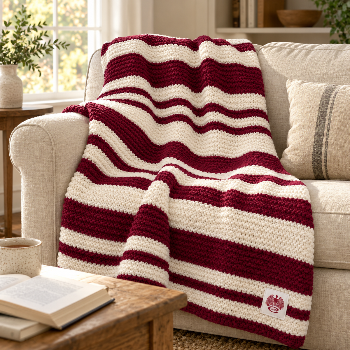 Cable Knit Throw Blanket - Maroon Stripe