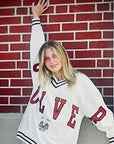 Vintage Varsity Letterman V-Neck Pullover - Cream/Maroon