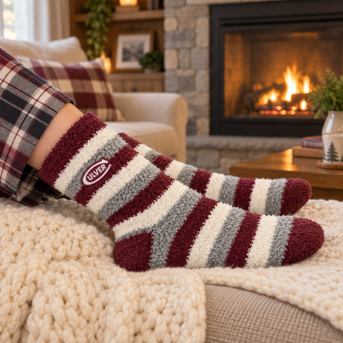 Cozy Stripe Sock - Maroon/Grey/White